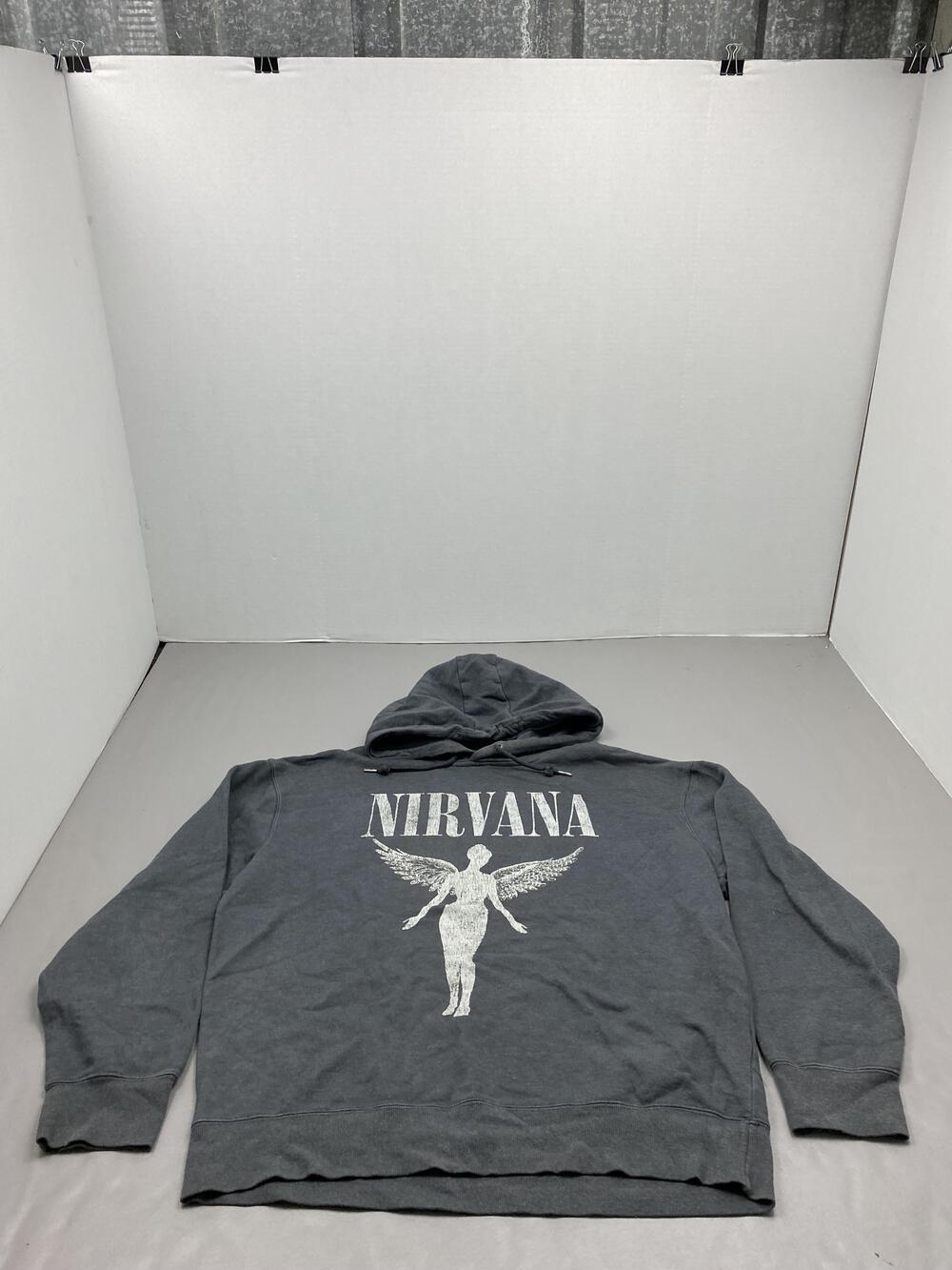 Nirvana Hoodie Mens XL Gray Pullover Hooded Drawstring Pockets Graphic Print